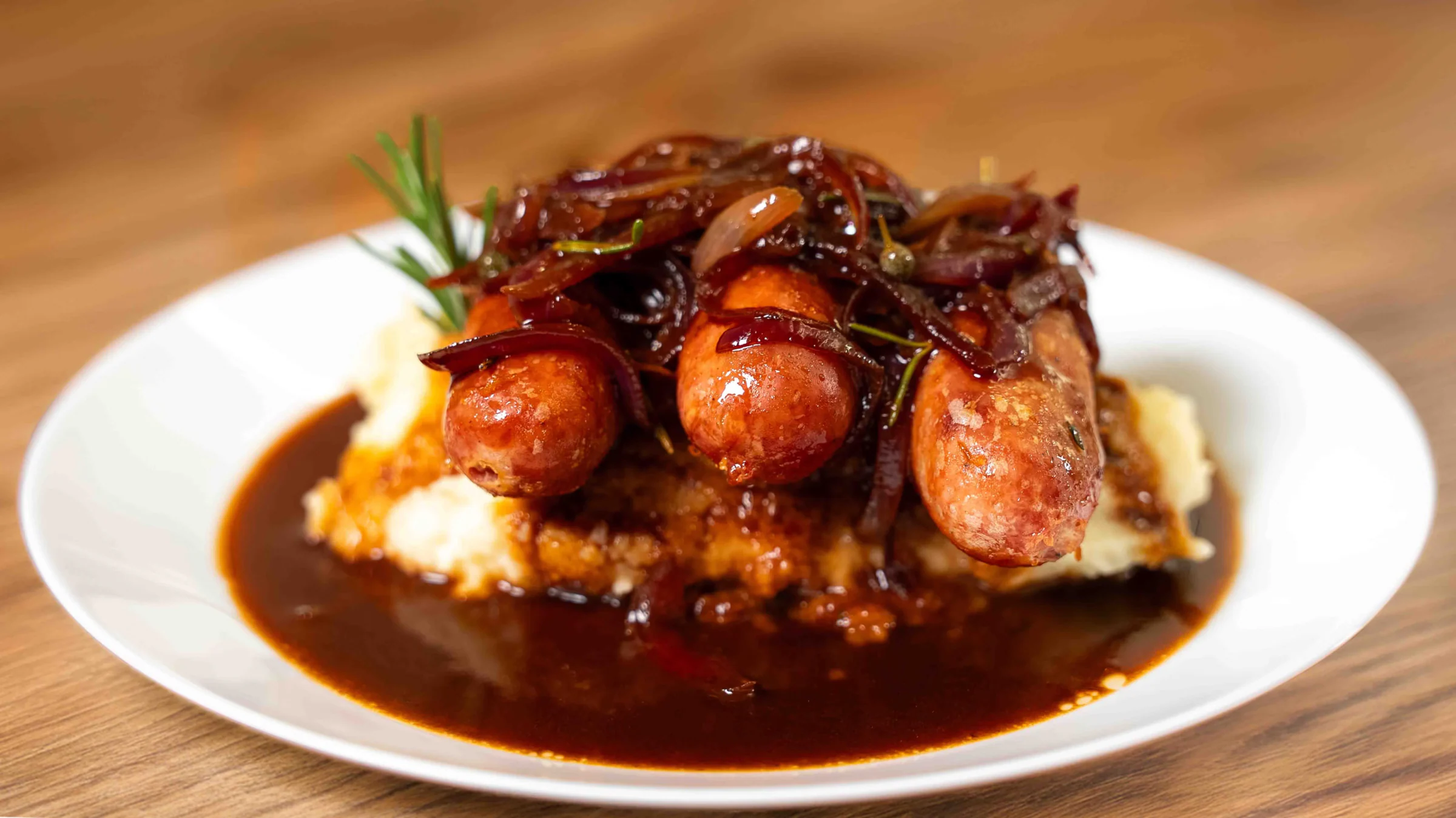 Bangers and mash with onion gravy.