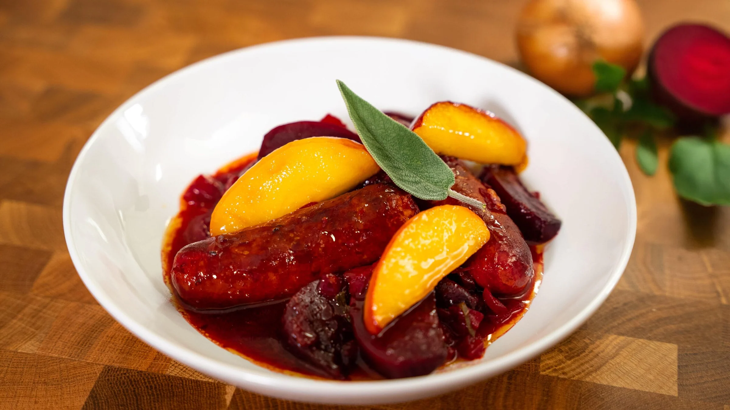 Sausage and beetroot stew.