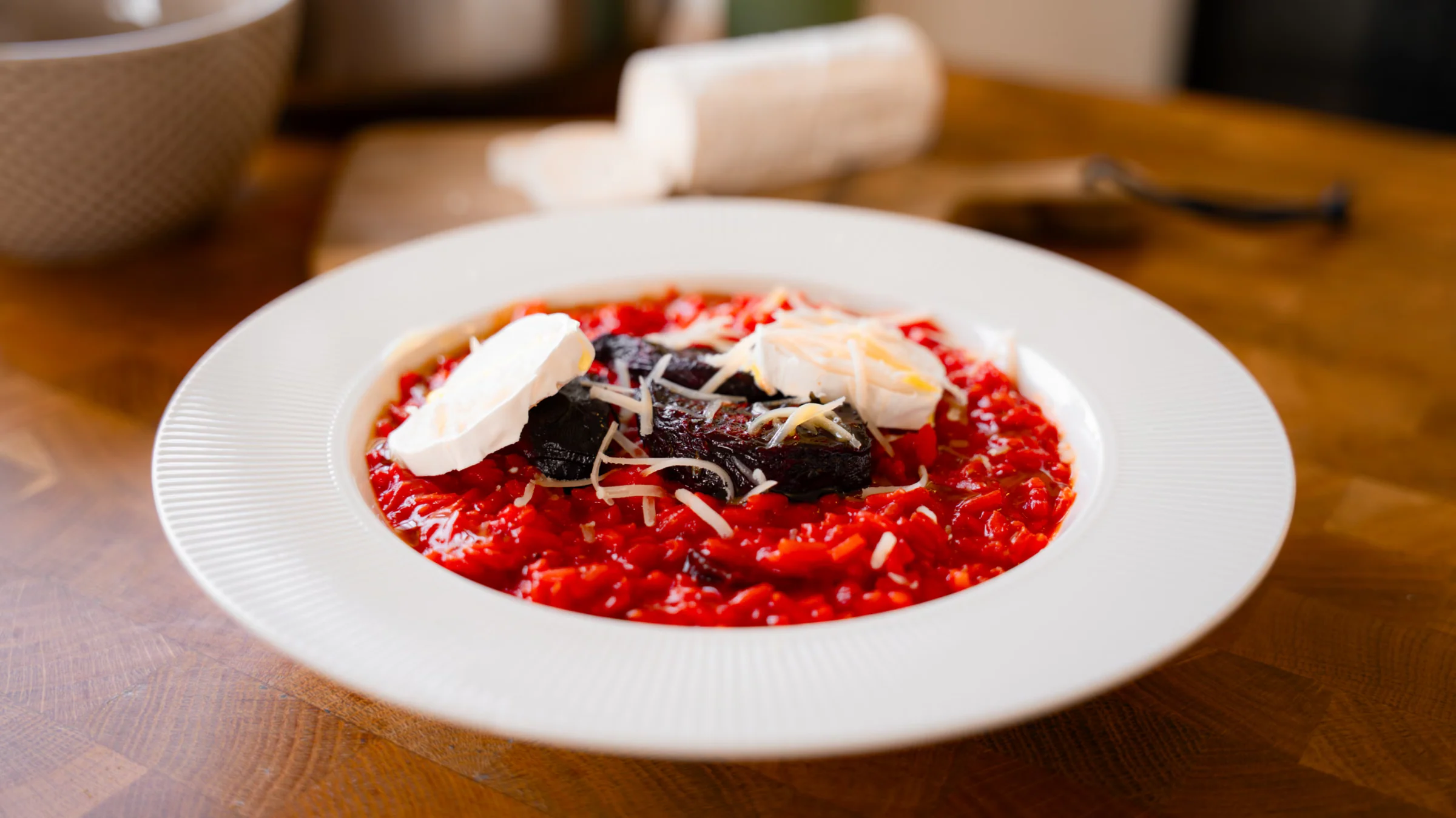 Beetroot risotto with goat cheese.