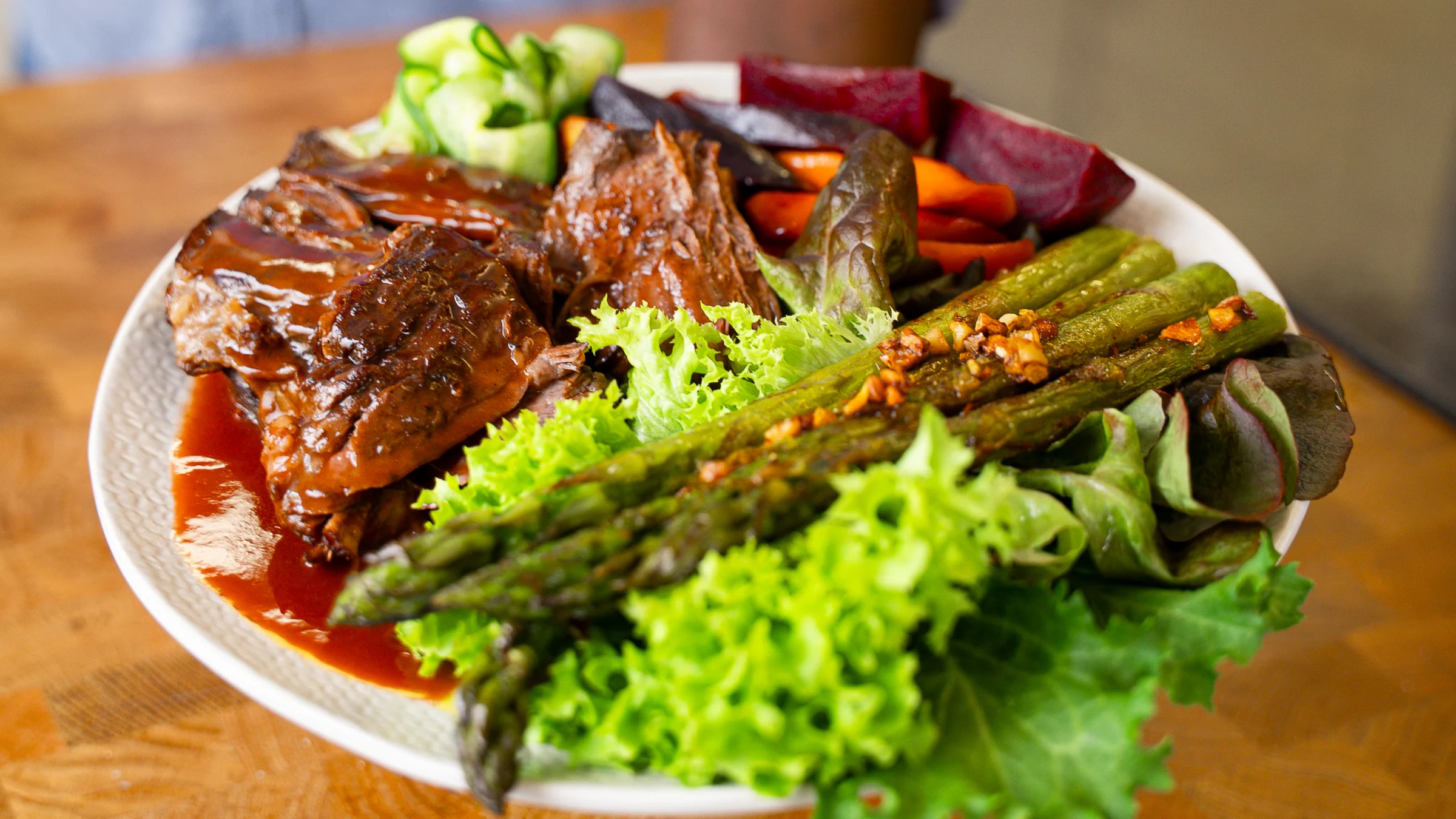 Braised chuck roast with rhubarb and asparagus.