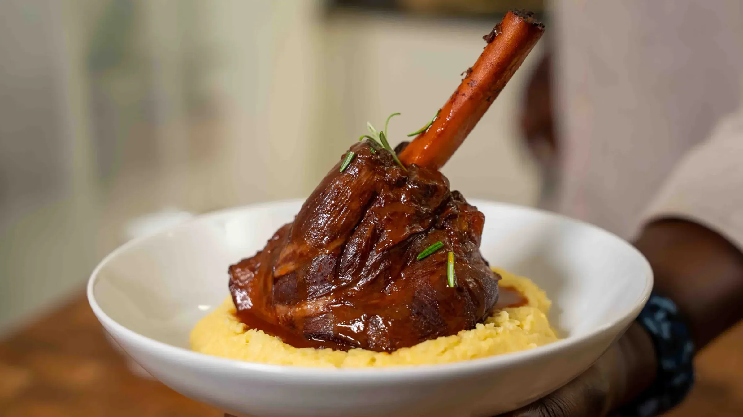 Braised lamb shanks with rutabaga mash.