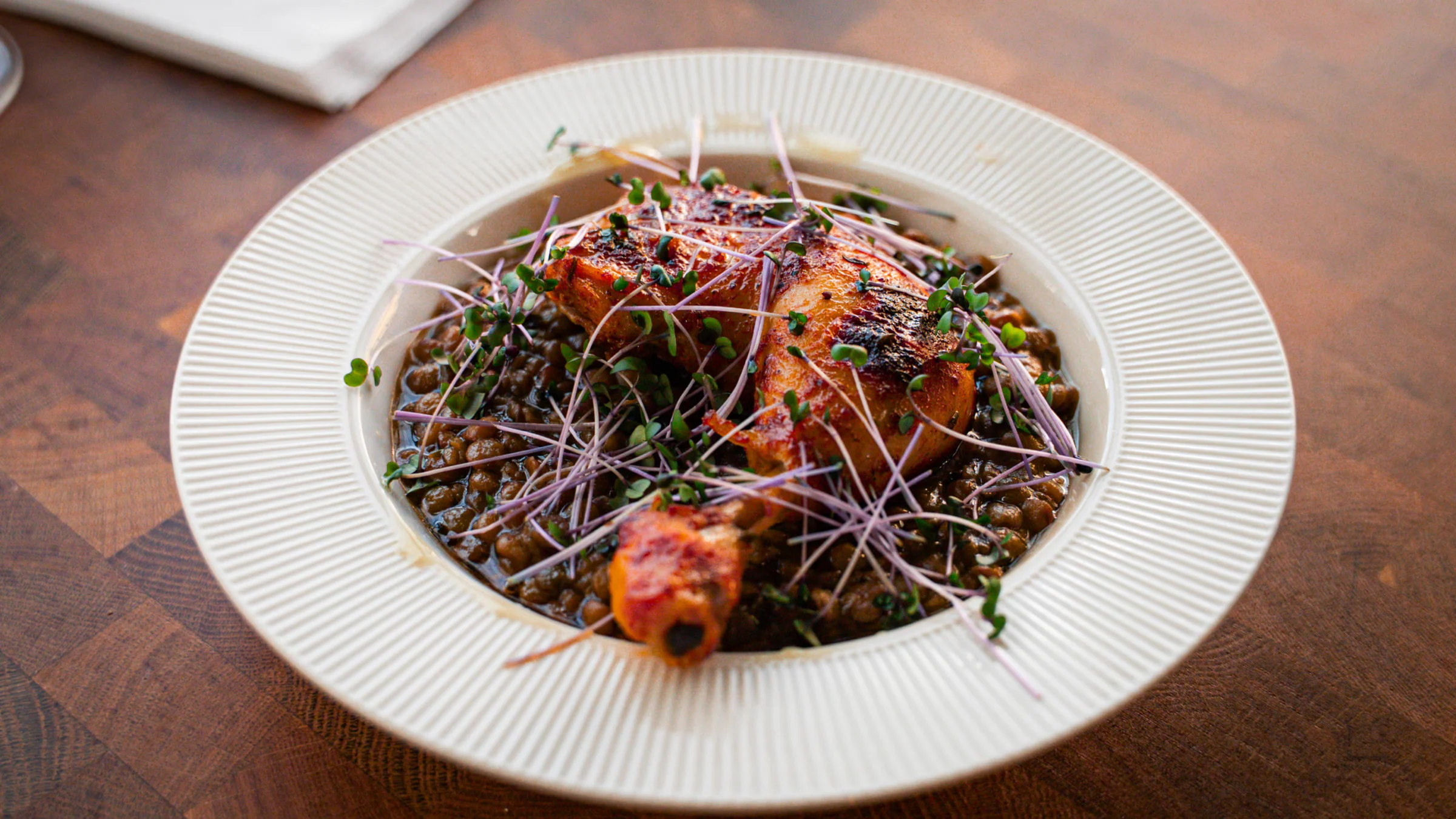 Roasted chicken and green lentils.