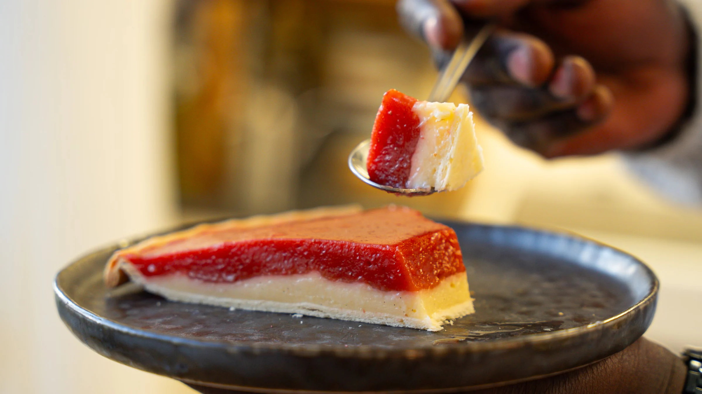 Chilled rhubarb and strawberry tart.