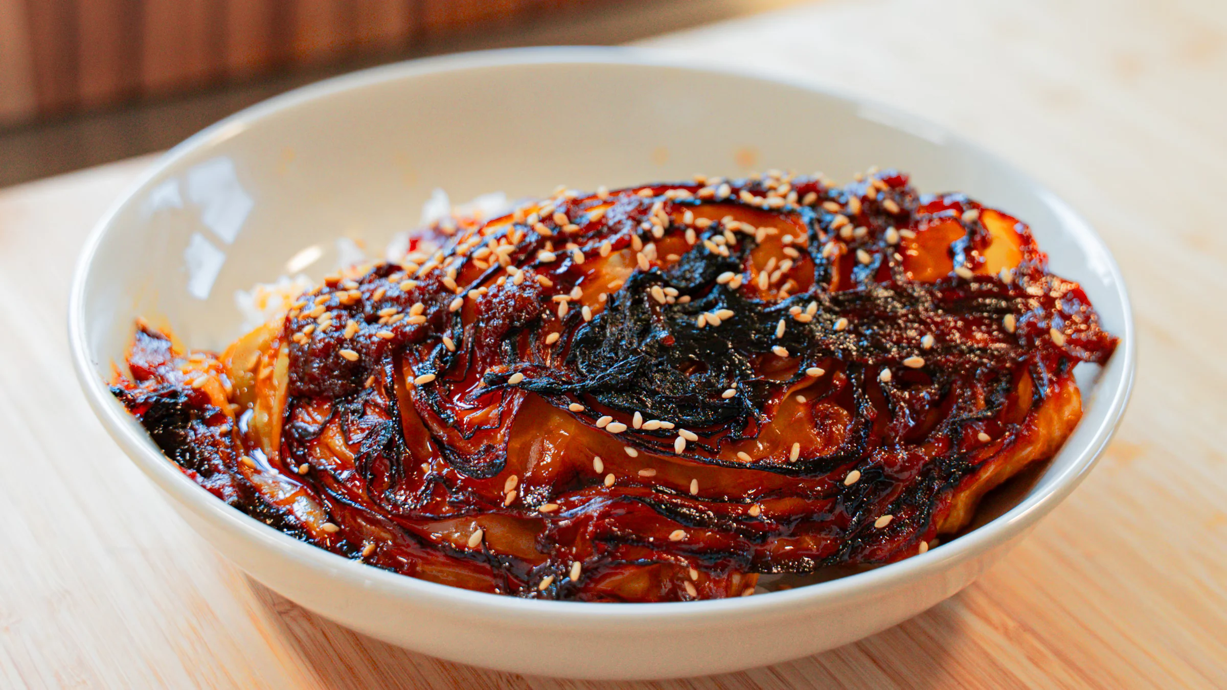Cabbage with gochujang, soy sauce, and honey.