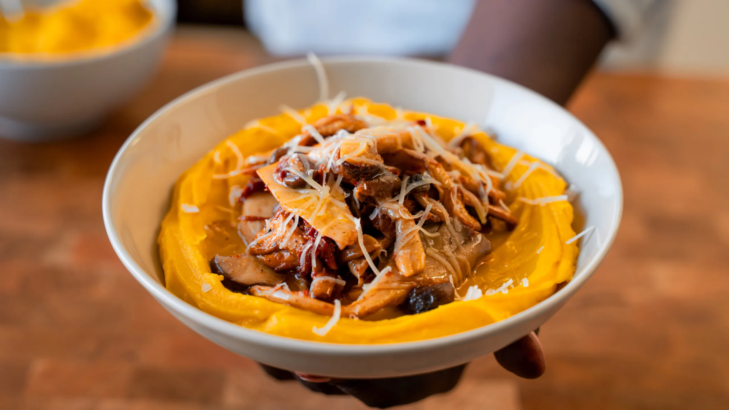 Mashed pumpkin and mushrooms.