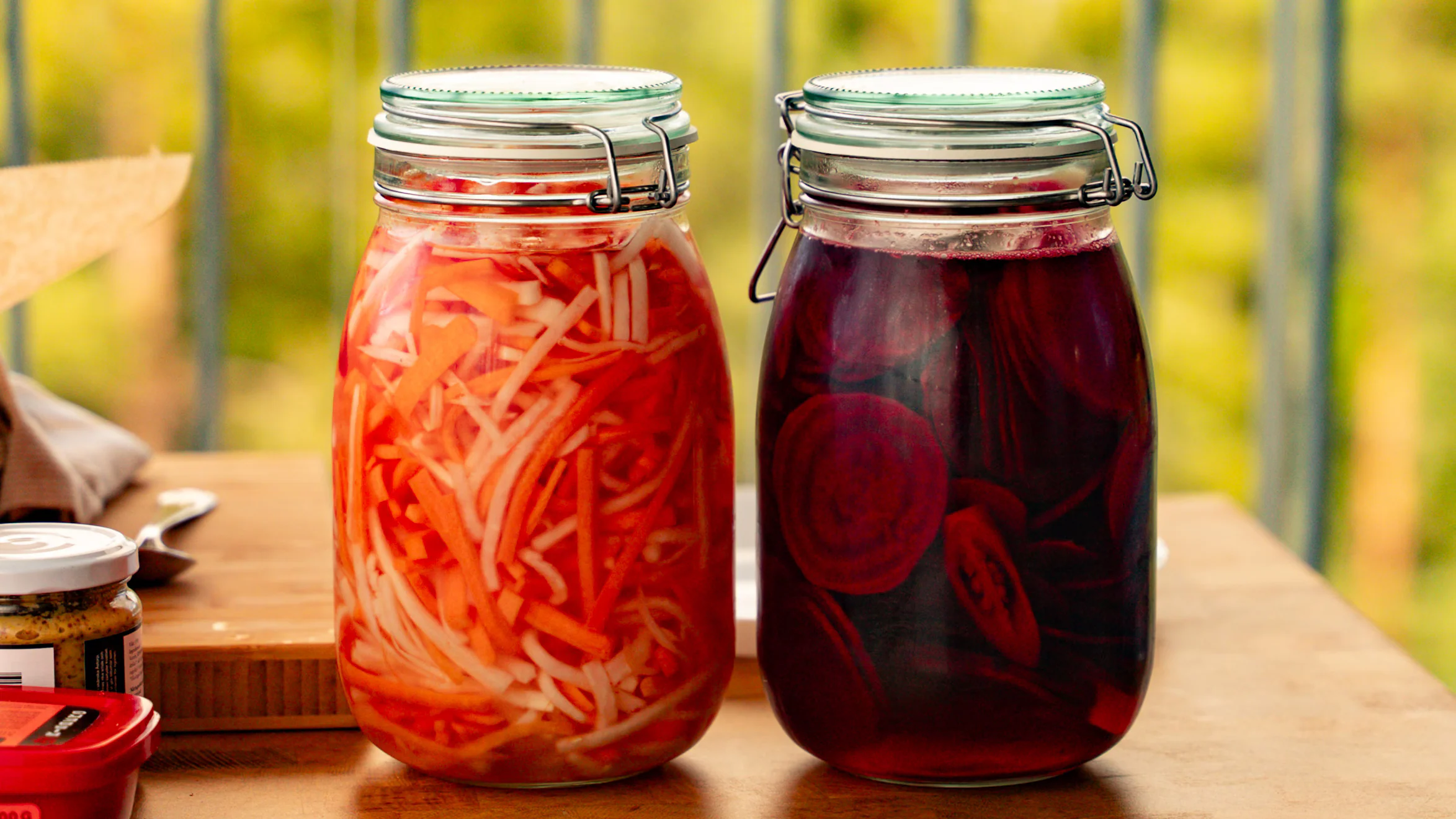 Pickled daikon, carrots, and beetroot.