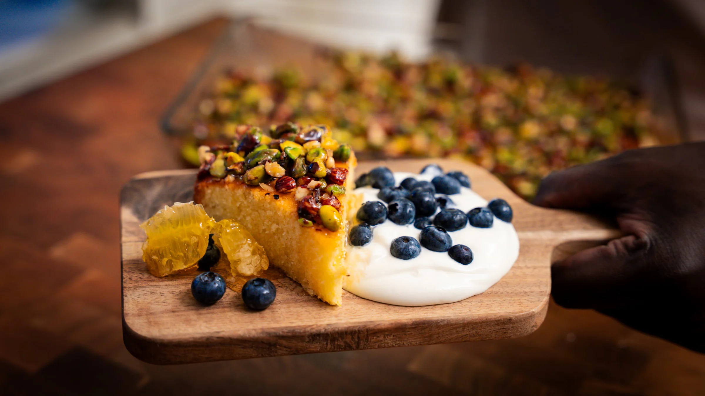 Mediterranean-inspired pistachio honey cake.