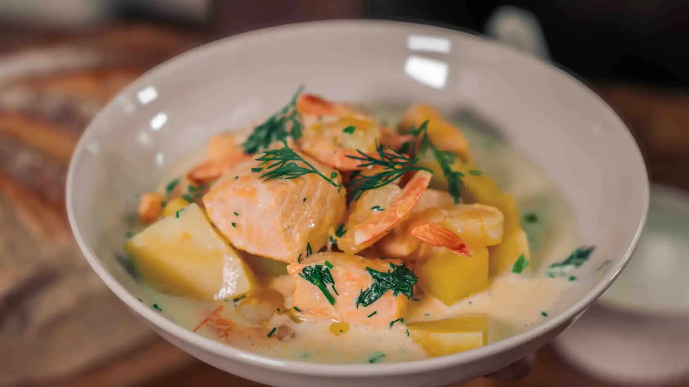 Creamy seafood soup with saffron.