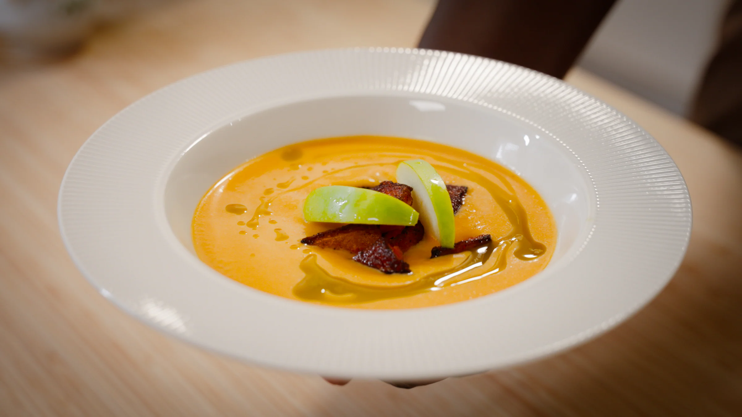 Pumpkin Soup with Sage Oil and Pickled Apples
